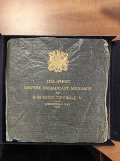 A copy of King George V's speech. Writing on the front says: 'The first Empire broadcast message by H M King George V. Christmas Day 1932'