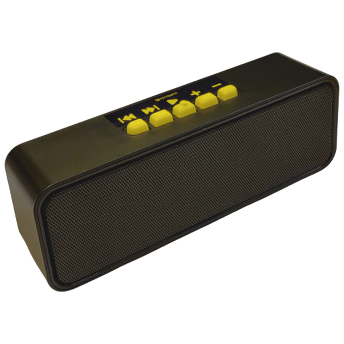 The Synapptic USB Player. A long black speaker with a USB stick inserted. On the top is a series of large, yellow volume and playback control buttons. Next to the yellow-outlined USB port is a yellow on/off button and a yellow-outlined charger port.