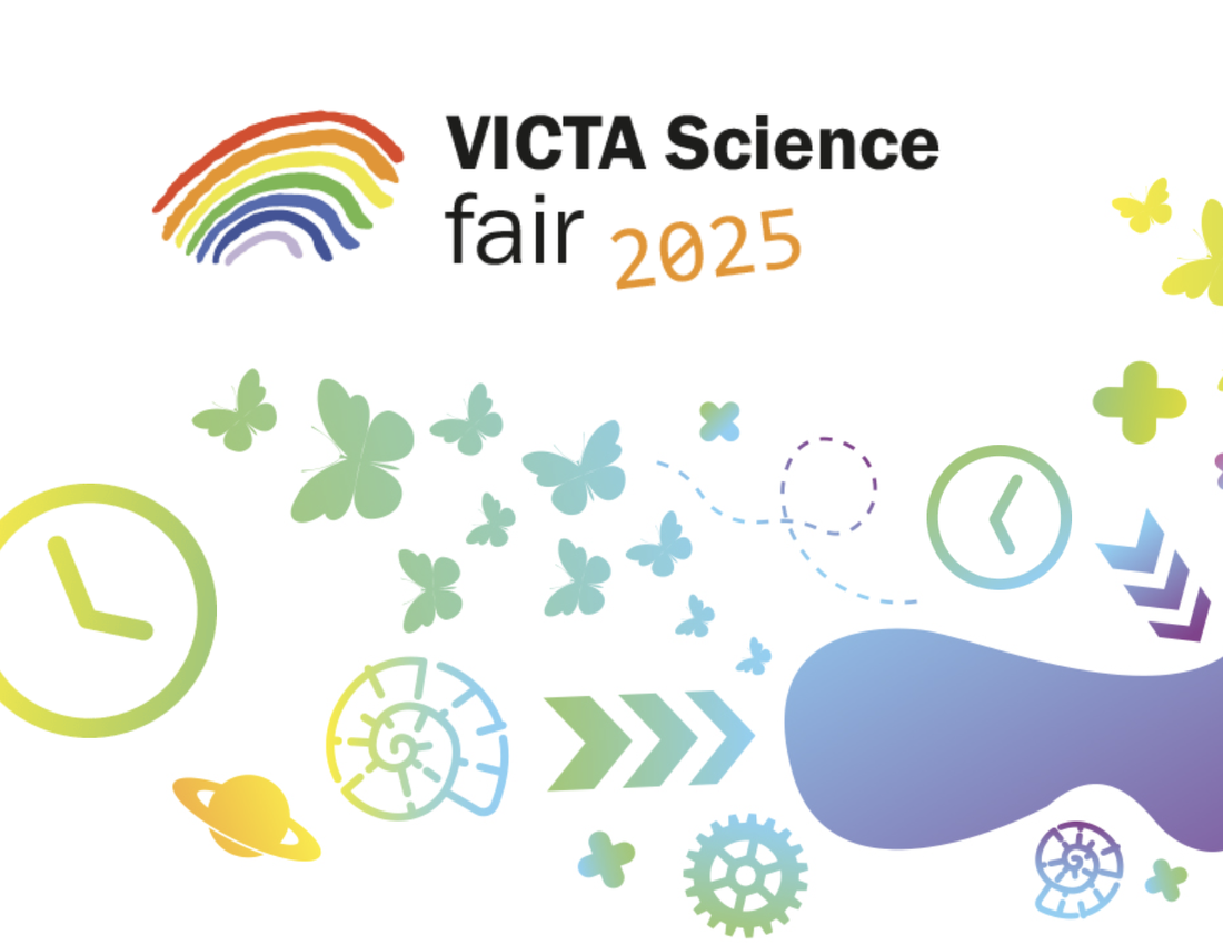 A graphic illustration and logo for the Victa Science Fair 2025. It features planets, butterflies, cog wheels and other icons in a representation of the breadth of science.
