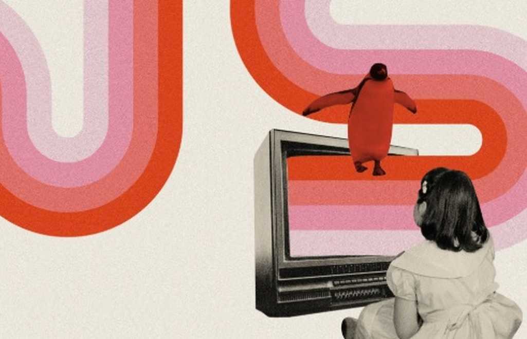 black and white illustration of a young girl from the 50s staring at a television. pink and red swirls are coming out of the screen. a penguin dances on top. This is the graphic illustrating the exhibition.