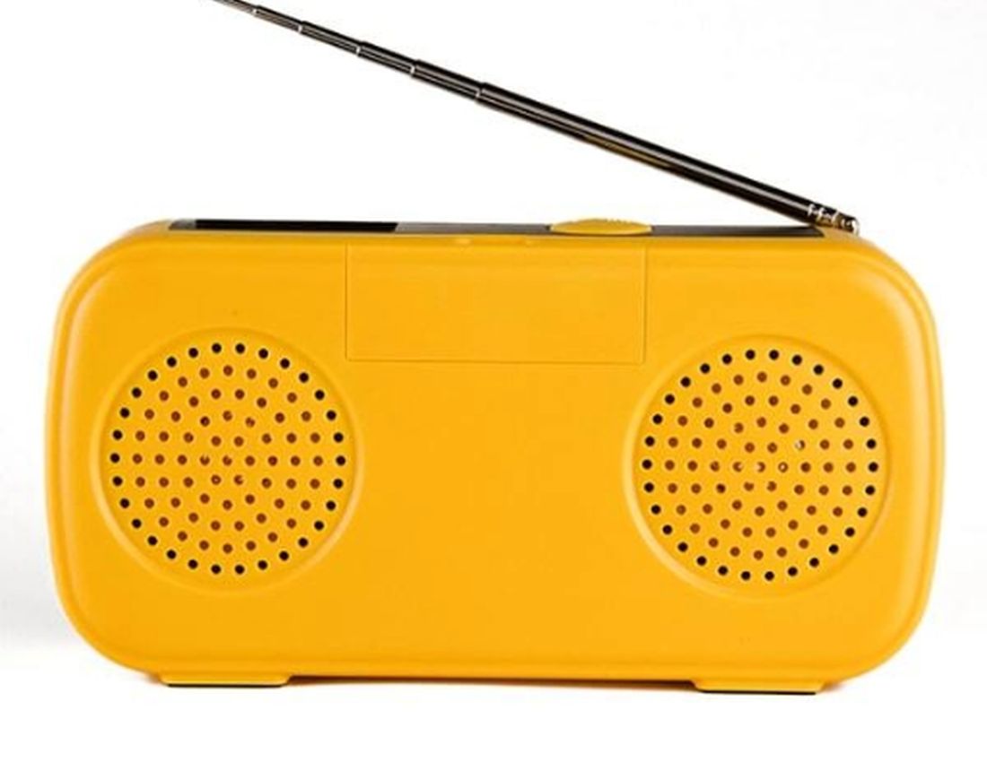 The Easy Music Player. A compact, simple yellow plastic radio with speakers on the front and an aerial at the top.