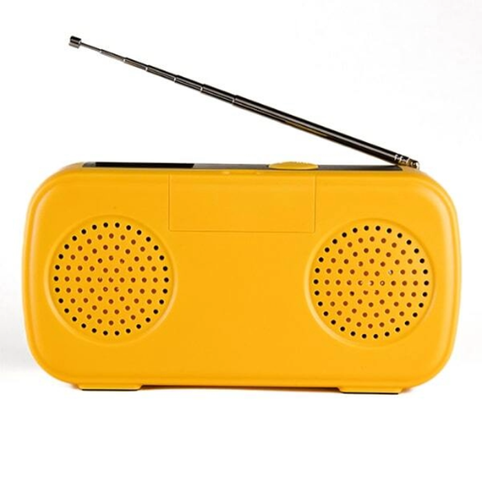 The Easy Music Player. A compact, simple yellow plastic radio with speakers on the front and an aerial at the top.