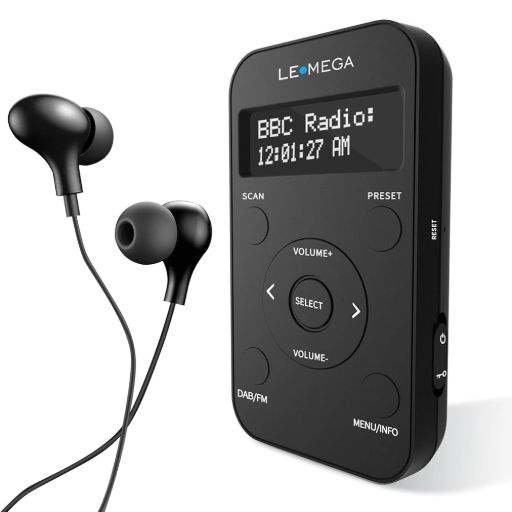 The Lemega pocket radio. A black handheld device with a digital screen at the top. On the front are a number of playback and volume controls. There is a sliding lock button on the side. A pair of in-ear headphones is displayed next to the device.