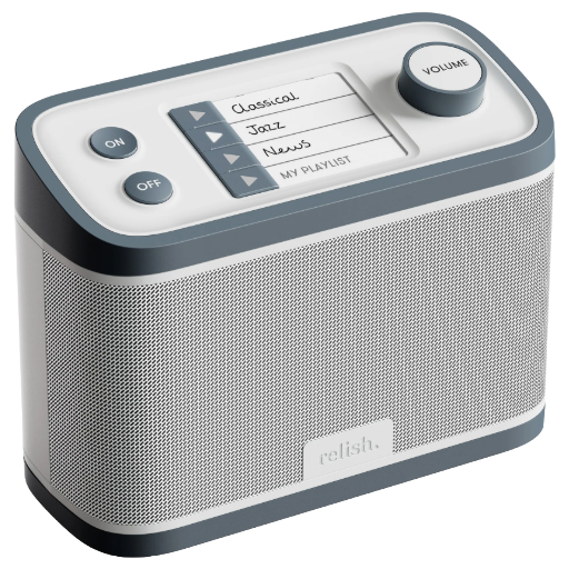 The Relish Radio. A grey and white rectangular radio with on/off button, four preset buttons and a volume control on top.