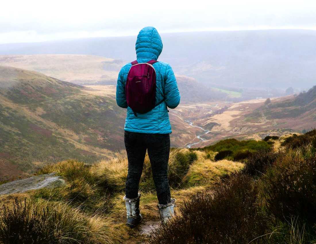 Person in a blue coat with a hood, standing on a rainy day in moorland in winter